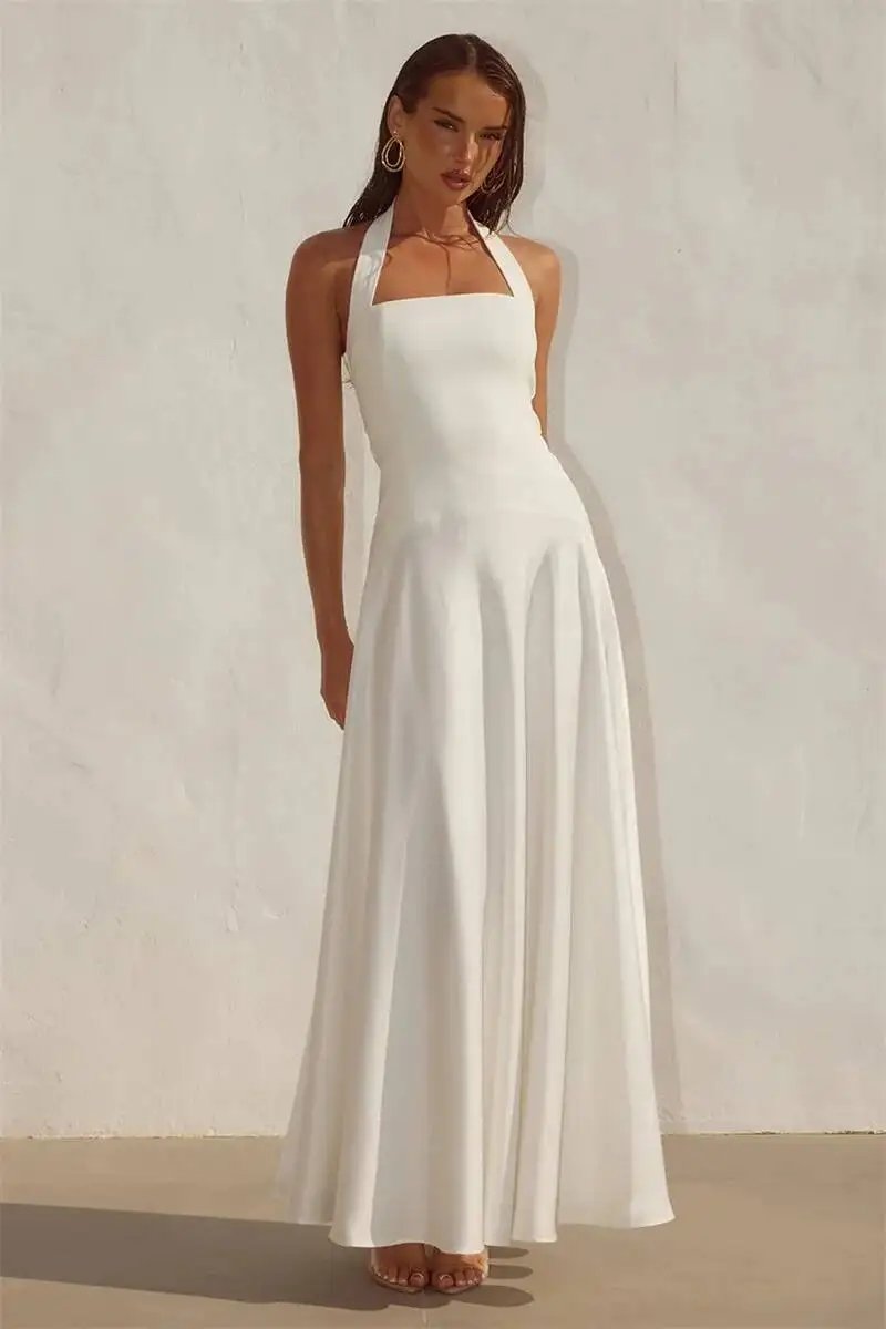Fleepmart White Halter Backless Sexy Maxi Dress Women Elegant Square Collar Sleeveless Bodycon Club Party Long Dresses Female