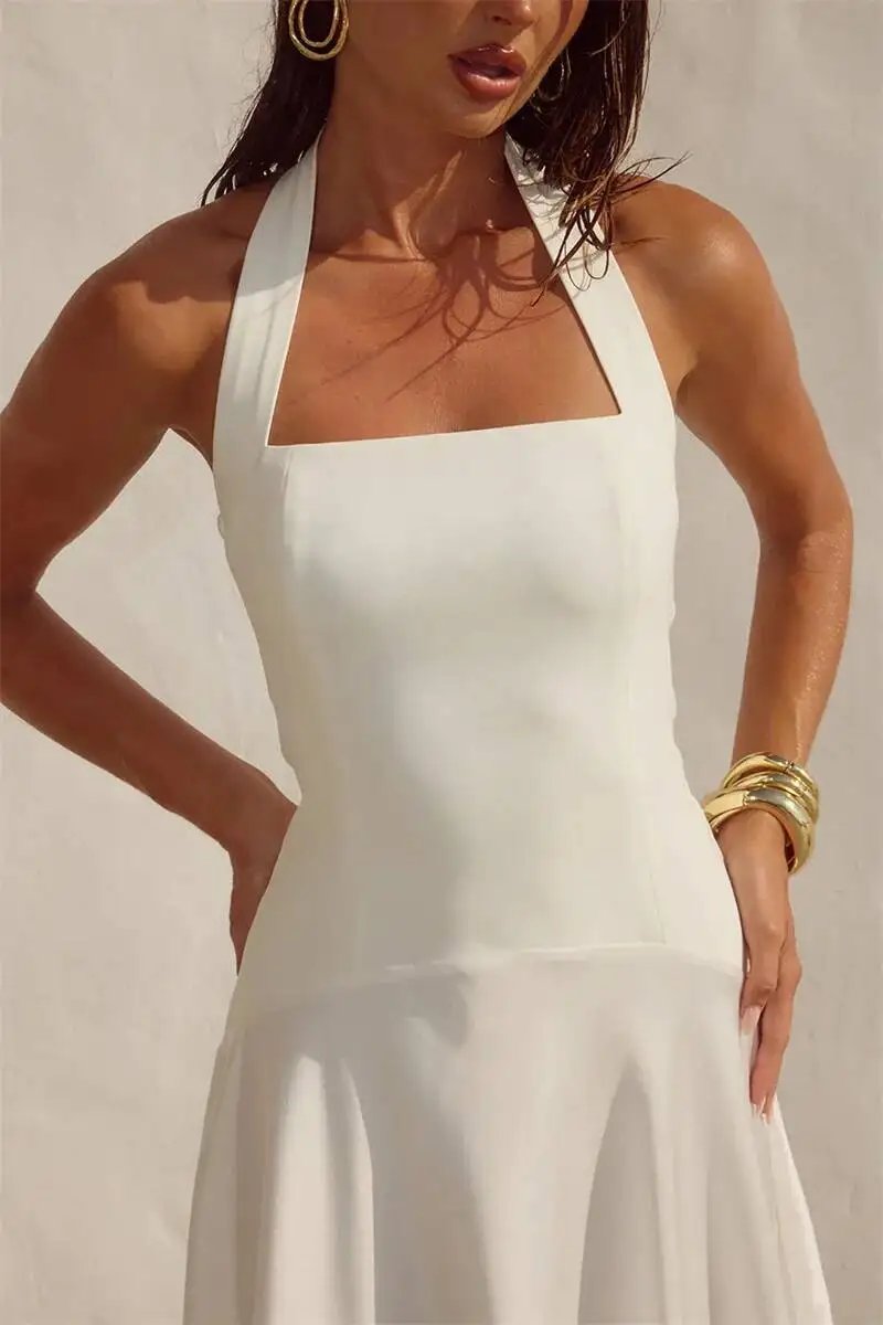 Fleepmart White Halter Backless Sexy Maxi Dress Women Elegant Square Collar Sleeveless Bodycon Club Party Long Dresses Female