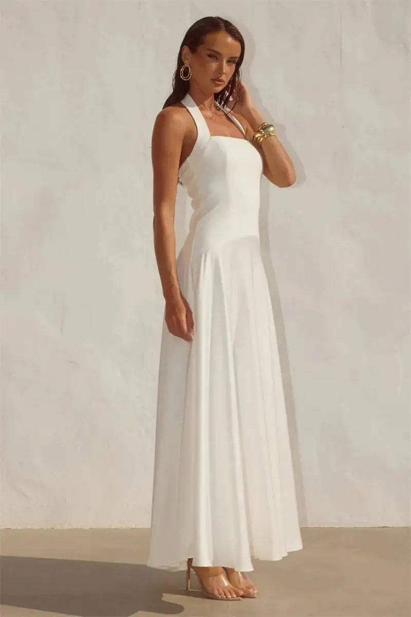 Fleepmart White Halter Backless Sexy Maxi Dress Women Elegant Square Collar Sleeveless Bodycon Club Party Long Dresses Female
