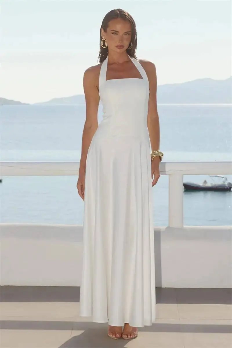 Fleepmart White Halter Backless Sexy Maxi Dress Women Elegant Square Collar Sleeveless Bodycon Club Party Long Dresses Female