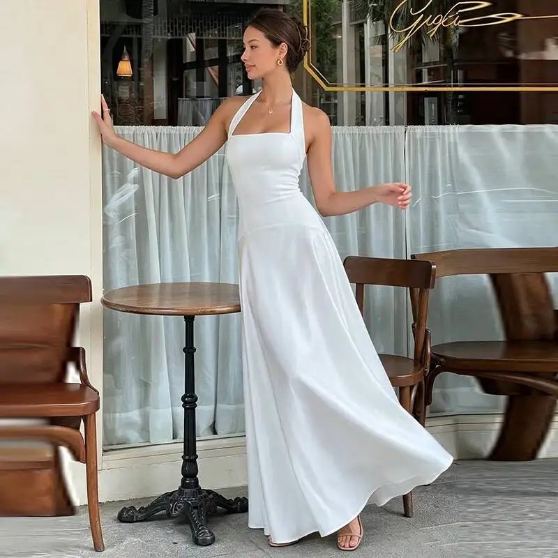 Fleepmart White Halter Backless Sexy Maxi Dress Women Elegant Square Collar Sleeveless Bodycon Club Party Long Dresses Female
