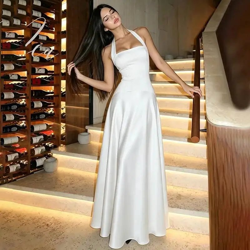 Fleepmart White Halter Backless Sexy Maxi Dress Women Elegant Square Collar Sleeveless Bodycon Club Party Long Dresses Female