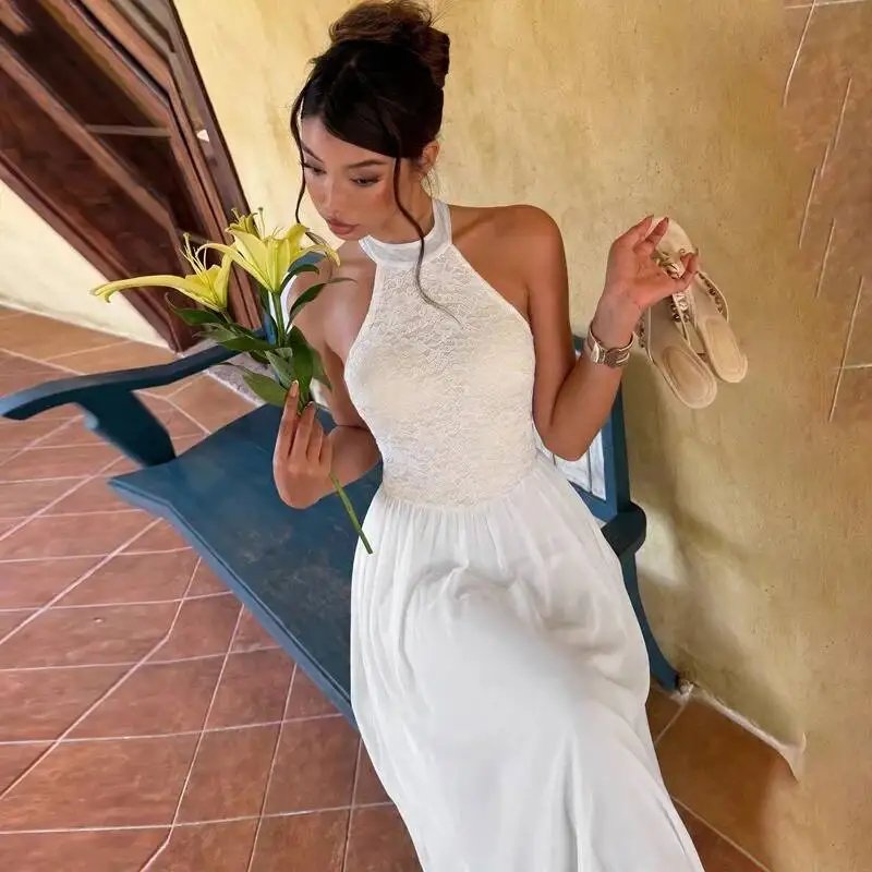 Fleepmart White Lace Halter Maxi Dress For Women Elegant High Neck Long Dress 2026 Summer Sleeveless Pleated Party Evening Gown Fleepmart White Lace Halter Maxi Dress For Women Elegant High Neck Long Dress 2026 Summer Sleeveless Pleated Party Evening Gown