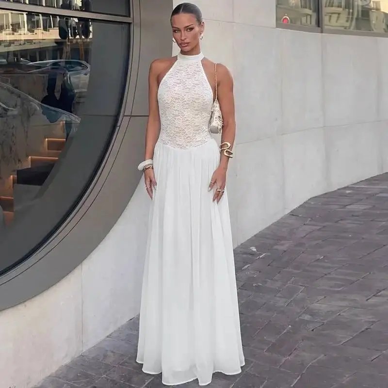 Fleepmart White Lace Halter Maxi Dress For Women Elegant High Neck Long Dress 2026 Summer Sleeveless Pleated Party Evening Gown Fleepmart White Lace Halter Maxi Dress For Women Elegant High Neck Long Dress 2026 Summer Sleeveless Pleated Party Evening Gown