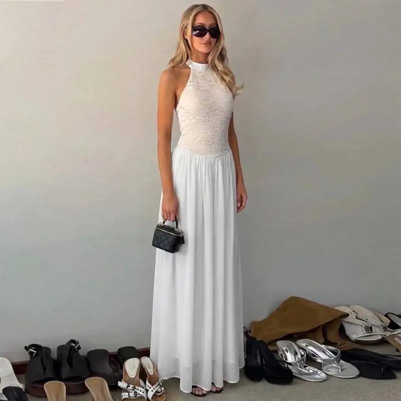Fleepmart White Lace Halter Maxi Dress For Women Elegant High Neck Long Dress 2026 Summer Sleeveless Pleated Party Evening Gown Fleepmart White Lace Halter Maxi Dress For Women Elegant High Neck Long Dress 2026 Summer Sleeveless Pleated Party Evening Gown