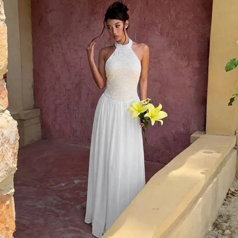 Fleepmart White Lace Halter Maxi Dress For Women Elegant High Neck Long Dress 2026 Summer Sleeveless Pleated Party Evening Gown Fleepmart White Lace Halter Maxi Dress For Women Elegant High Neck Long Dress 2026 Summer Sleeveless Pleated Party Evening Gown