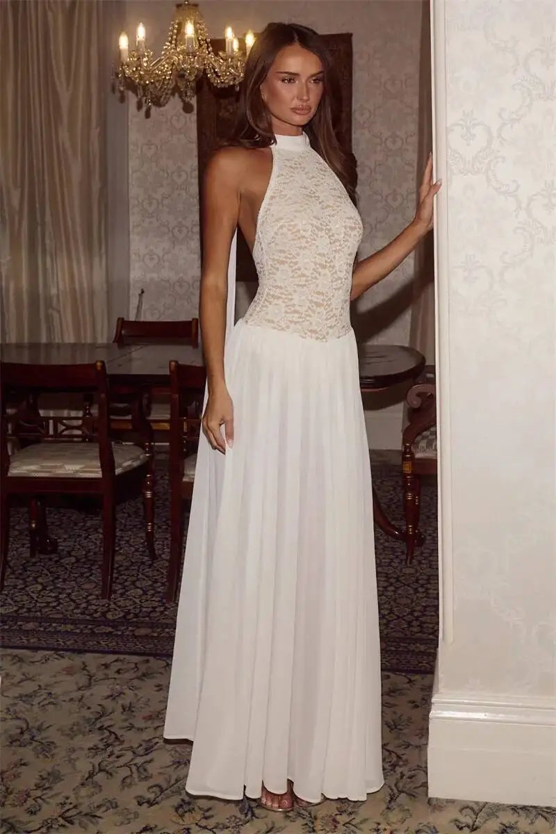 Fleepmart White Lace Halter Maxi Dress For Women Elegant High Neck Long Dress 2026 Summer Sleeveless Pleated Party Evening Gown Fleepmart White Lace Halter Maxi Dress For Women Elegant High Neck Long Dress 2026 Summer Sleeveless Pleated Party Evening Gown
