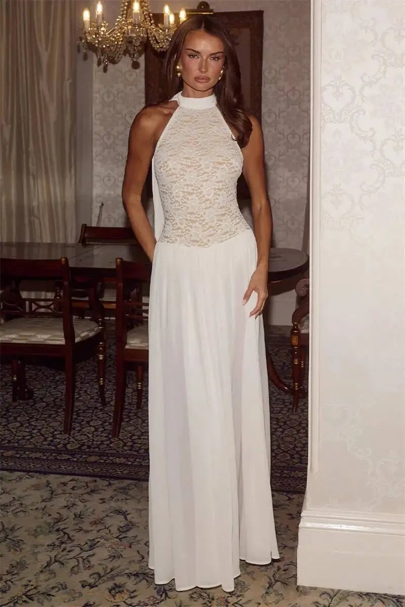 Fleepmart White Lace Halter Maxi Dress For Women Elegant High Neck Long Dress 2026 Summer Sleeveless Pleated Party Evening Gown Fleepmart White Lace Halter Maxi Dress For Women Elegant High Neck Long Dress 2026 Summer Sleeveless Pleated Party Evening Gown
