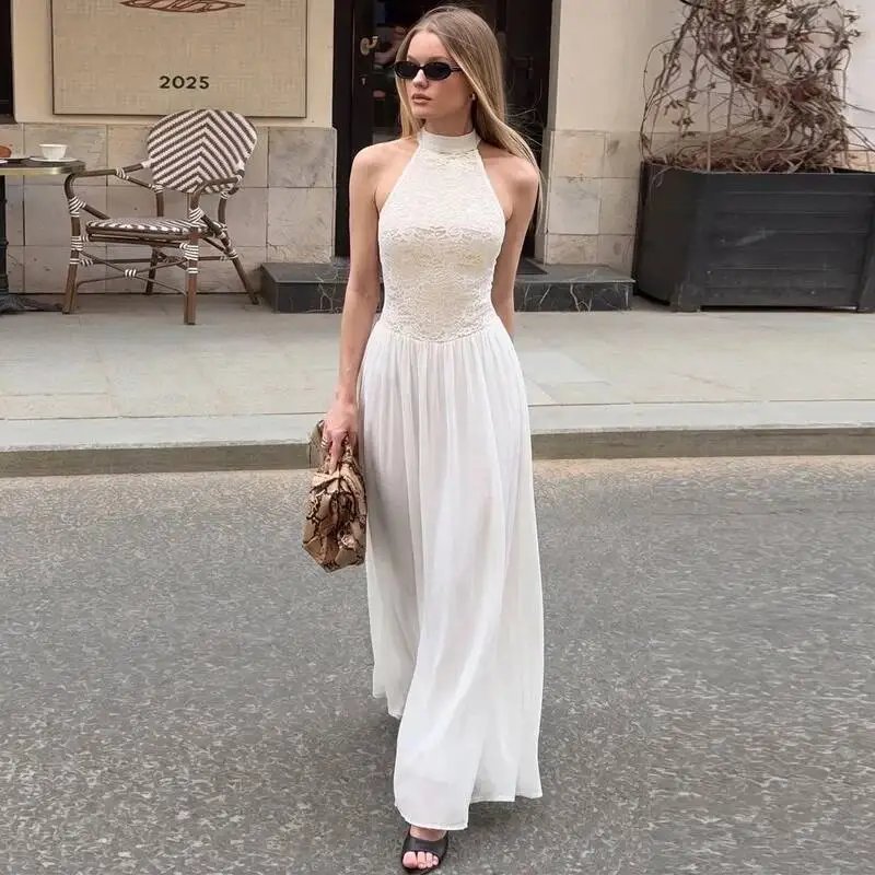 Fleepmart White Lace Halter Maxi Dress For Women Elegant High Neck Long Dress 2026 Summer Sleeveless Pleated Party Evening Gown Fleepmart White Lace Halter Maxi Dress For Women Elegant High Neck Long Dress 2026 Summer Sleeveless Pleated Party Evening Gown