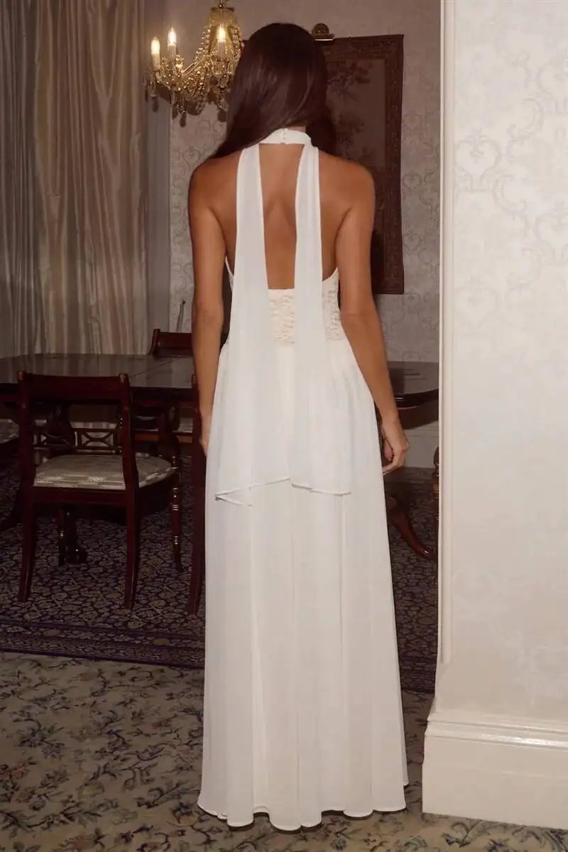 Fleepmart White Lace Halter Maxi Dress For Women Elegant High Neck Long Dress 2026 Summer Sleeveless Pleated Party Evening Gown Fleepmart White Lace Halter Maxi Dress For Women Elegant High Neck Long Dress 2026 Summer Sleeveless Pleated Party Evening Gown