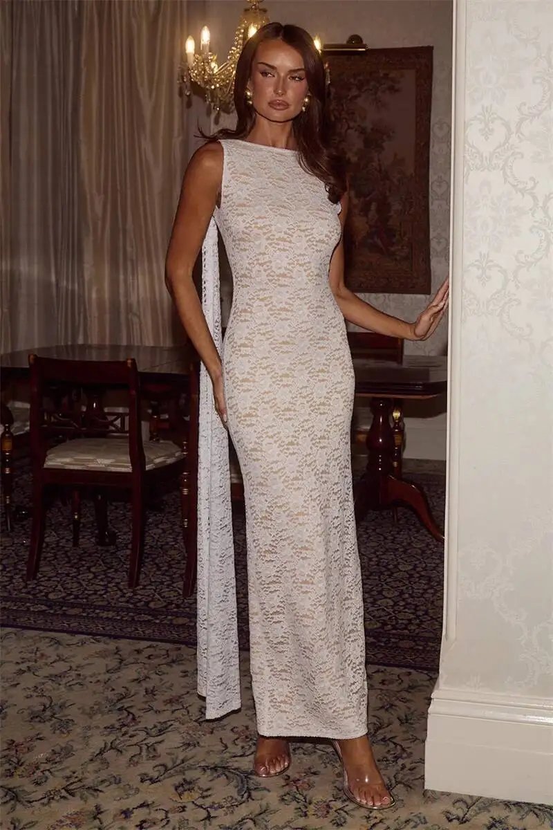 Fleepmart Lace Backless Sexy Maxi Dress Women Elegant Long Sash Sleeveless Bodycon Evening Club Party Long Dresses Female