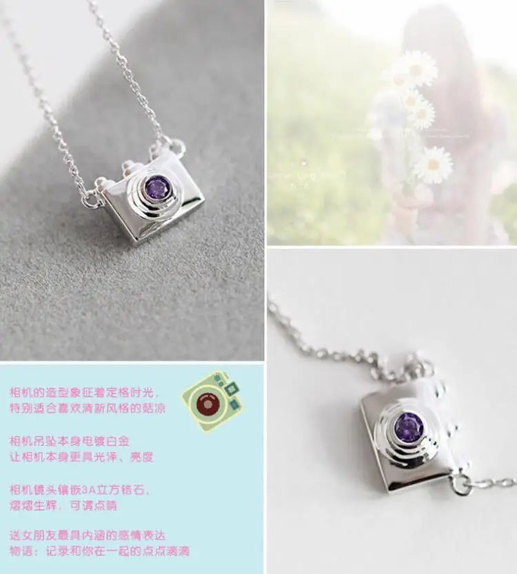 Fleepmart Fashion 925 Sterling Silver Jewelry Female Camera Crystal Silver Necklace Collar Vintage Link Chain