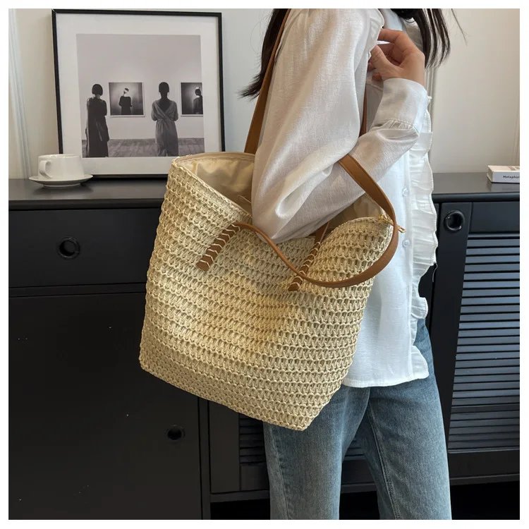 Fleepmart Hand-woven Women's Shoulder Handbag Bohemian 2026 Summer Fashion Straw Beach Tote Bag Travel Shopper Weaving Shopping Bags