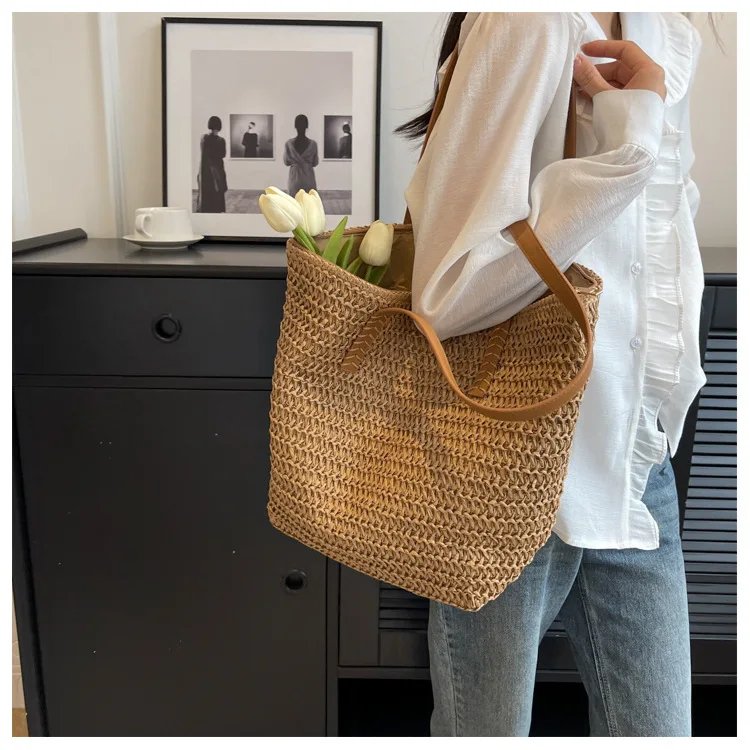 Fleepmart Hand-woven Women's Shoulder Handbag Bohemian 2026 Summer Fashion Straw Beach Tote Bag Travel Shopper Weaving Shopping Bags