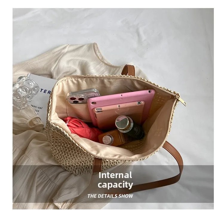 Fleepmart Hand-woven Women's Shoulder Handbag Bohemian 2026 Summer Fashion Straw Beach Tote Bag Travel Shopper Weaving Shopping Bags