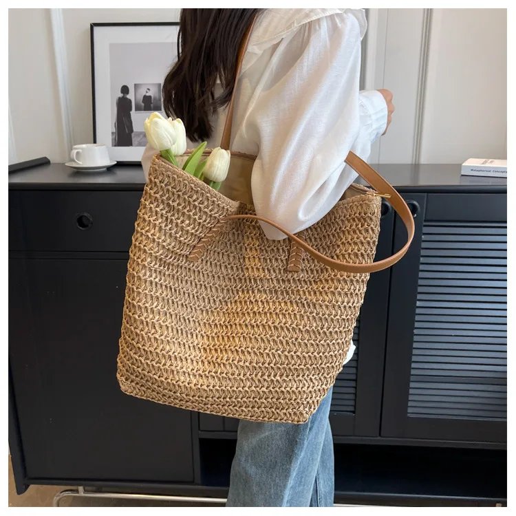 Fleepmart Hand-woven Women's Shoulder Handbag Bohemian 2026 Summer Fashion Straw Beach Tote Bag Travel Shopper Weaving Shopping Bags
