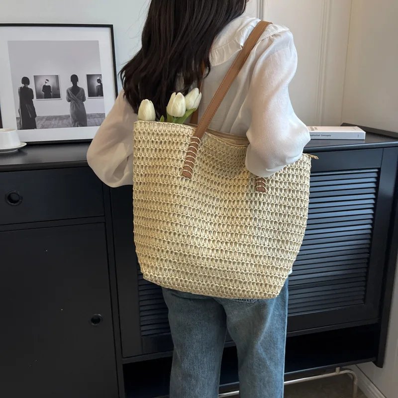 Fleepmart Hand-woven Women's Shoulder Handbag Bohemian 2026 Summer Fashion Straw Beach Tote Bag Travel Shopper Weaving Shopping Bags - Image 4