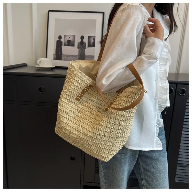 Fleepmart Hand-woven Women's Shoulder Handbag Bohemian 2026 Summer Fashion Straw Beach Tote Bag Travel Shopper Weaving Shopping Bags