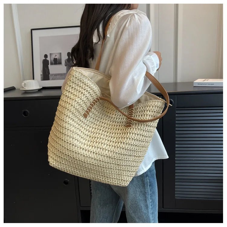 Fleepmart Hand-woven Women's Shoulder Handbag Bohemian 2026 Summer Fashion Straw Beach Tote Bag Travel Shopper Weaving Shopping Bags