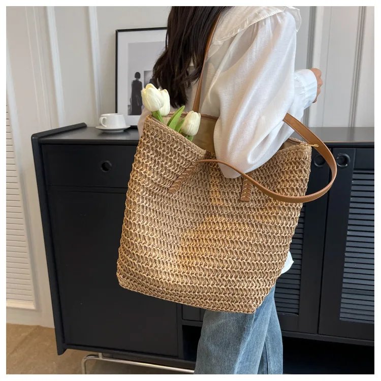 Fleepmart Hand-woven Women's Shoulder Handbag Bohemian 2026 Summer Fashion Straw Beach Tote Bag Travel Shopper Weaving Shopping Bags