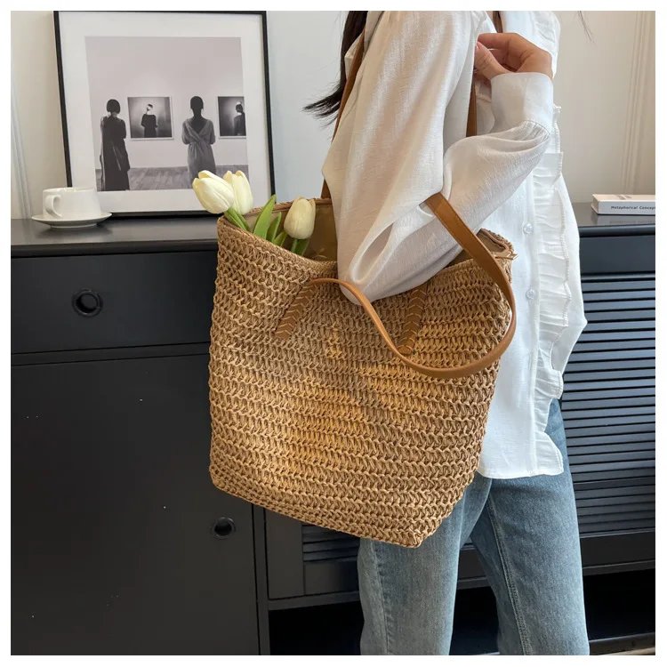 Fleepmart Hand-woven Women's Shoulder Handbag Bohemian 2026 Summer Fashion Straw Beach Tote Bag Travel Shopper Weaving Shopping Bags