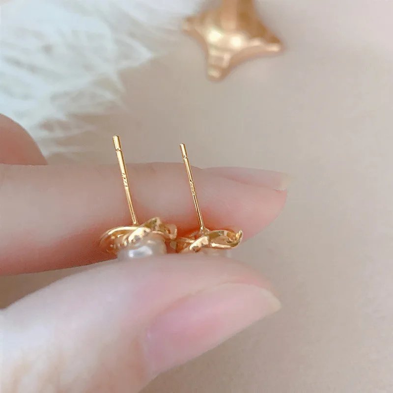 Luxury 14K Gold Plated Pearl & Zircon Twist Stud Earrings for Women