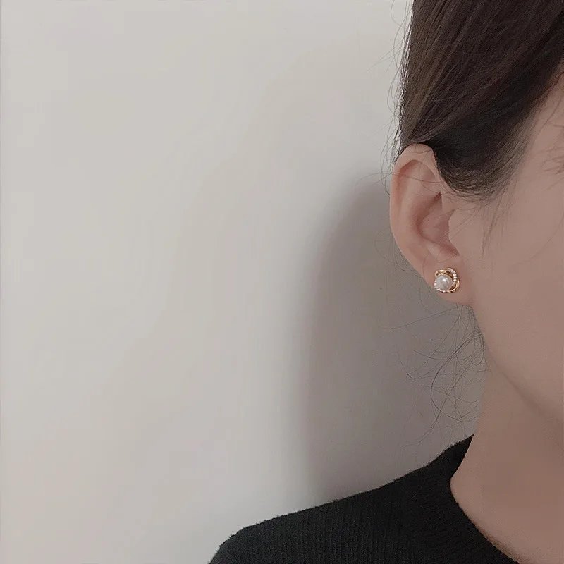 Luxury 14K Gold Plated Pearl & Zircon Twist Stud Earrings for Women