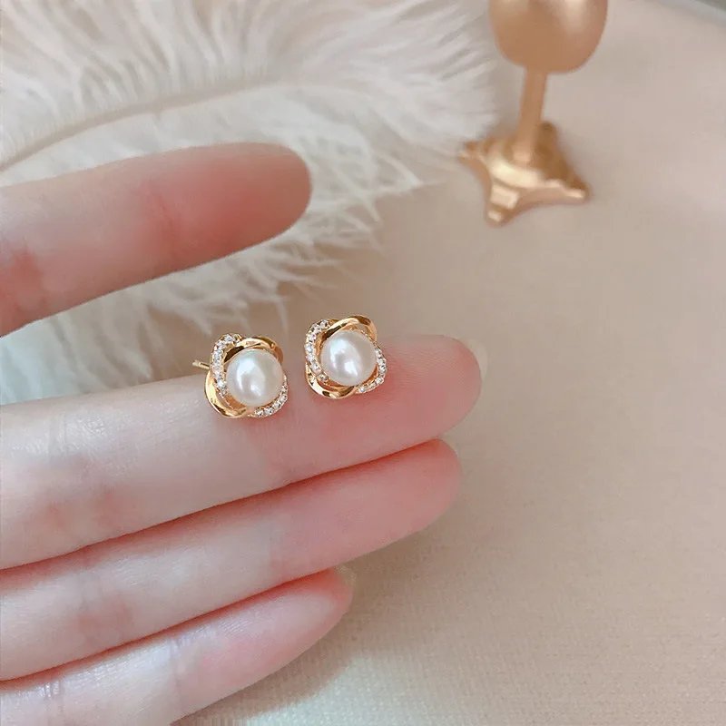 Luxury 14K Gold Plated Pearl & Zircon Twist Stud Earrings for Women