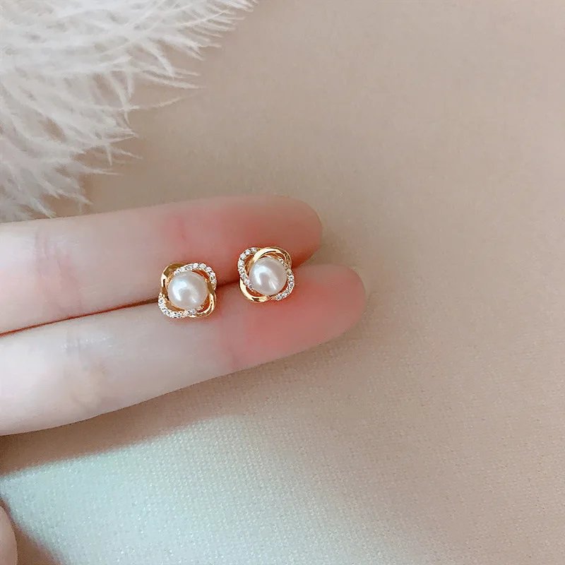 Luxury 14K Gold Plated Pearl & Zircon Twist Stud Earrings for Women