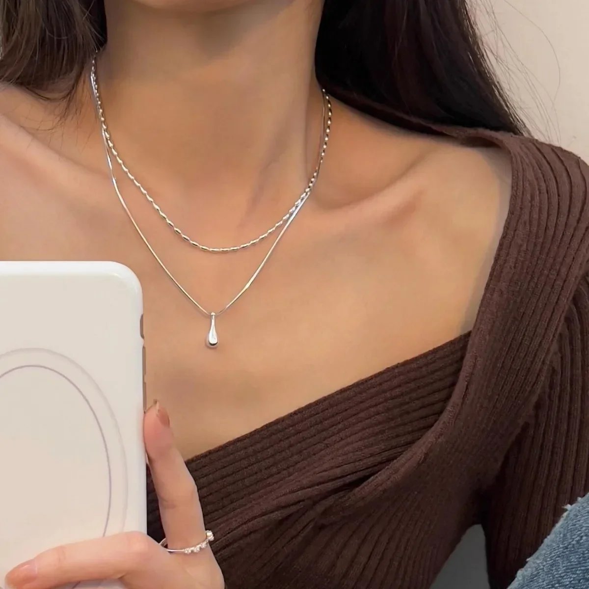 Elegant Double Chain Drop Pendant Necklace for Women | Minimalist Layered Jewelry - Image 2