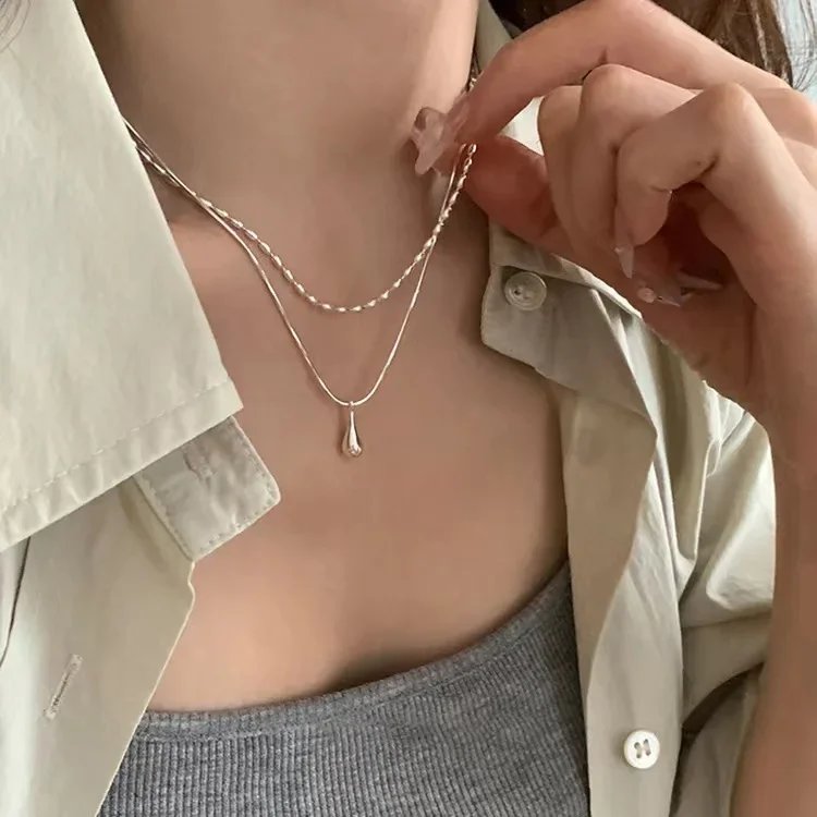 Elegant Double Chain Drop Pendant Necklace for Women | Minimalist Layered Jewelry