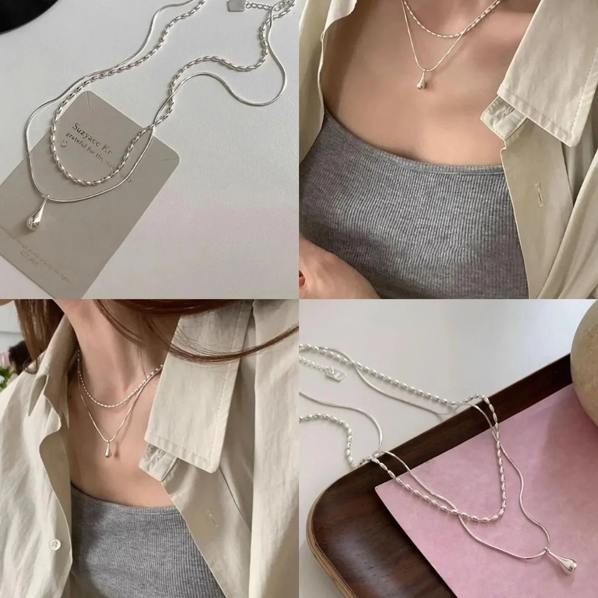 Elegant Double Chain Drop Pendant Necklace for Women | Minimalist Layered Jewelry