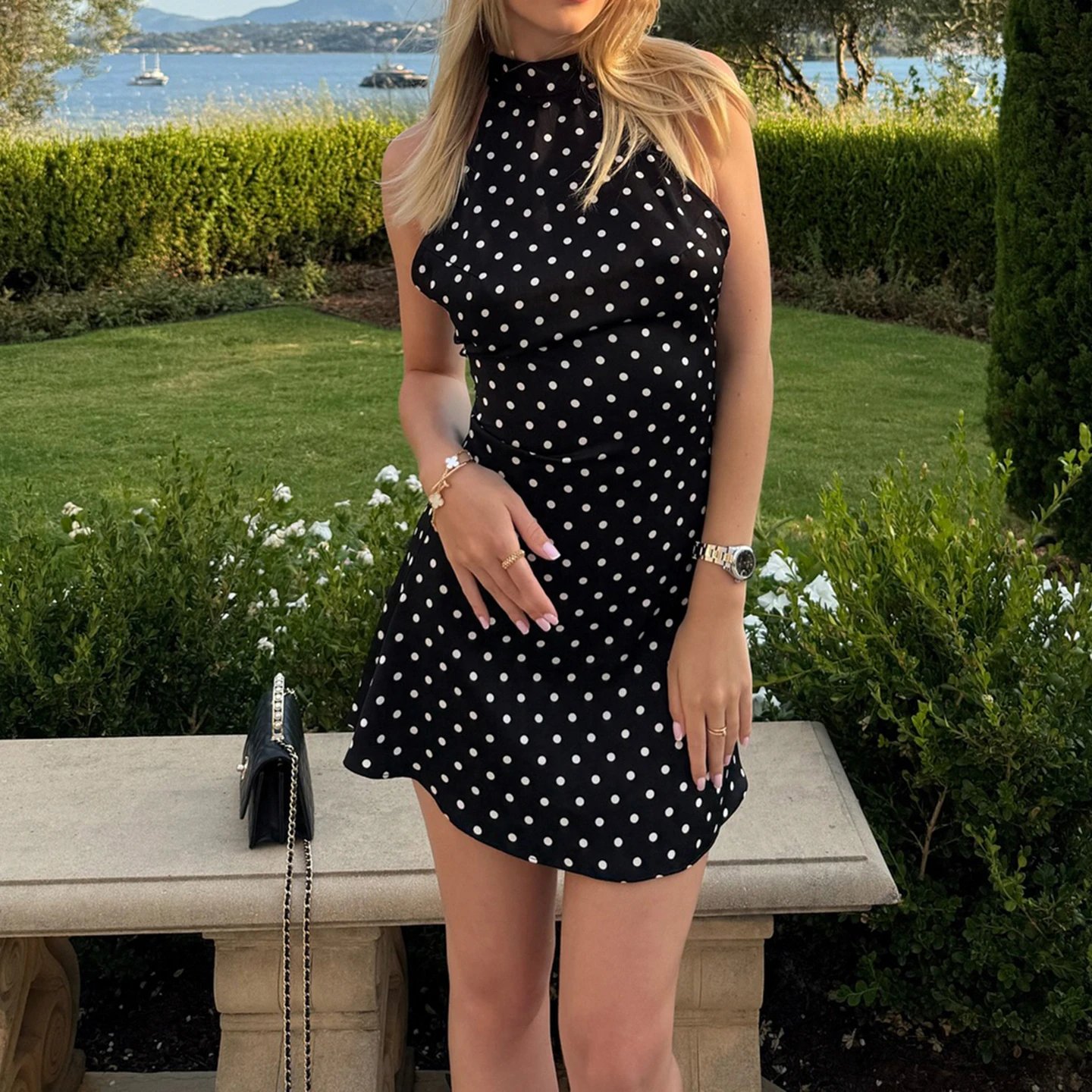 Fleepmart Sexy Polka Dot Print Halter Dress For Women Elegant Party Slim Backless Sleeveless Mini Dress Summer Vacation Outfits