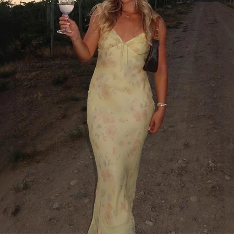 Fleepmart Summer Flower Printed Women's Sexy Low-cut Dress Sleeveless Backless Slim Sling Dresses 2025 Beach Vacation Lady Vestidos