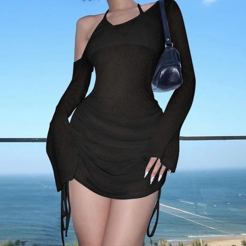 Women's Solid Skew Neck Ruched Lace-Up See Through Mini Dress – Summer Party Clubwear