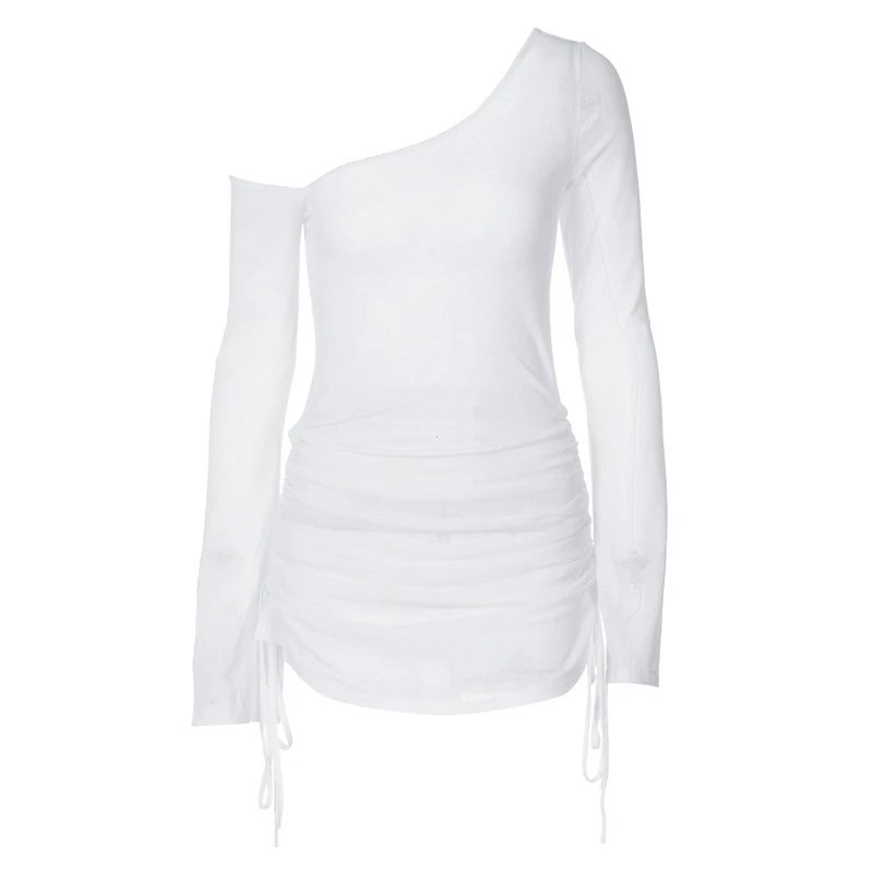 Women's Solid Skew Neck Ruched Lace-Up See Through Mini Dress – Summer Party Clubwear