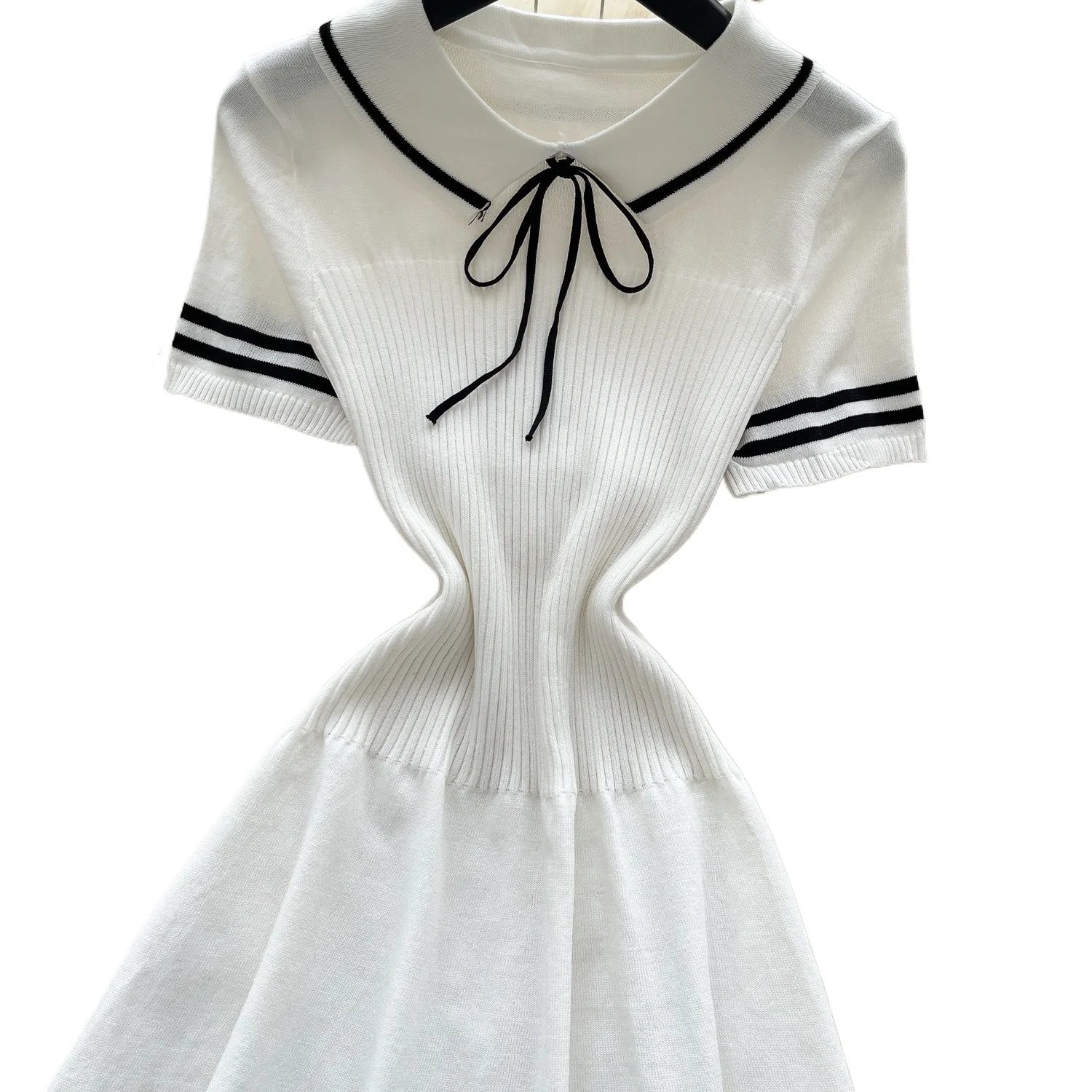 Women's White Peter Pan Collar Bow Ribbed Knit A-Line Mini Dress