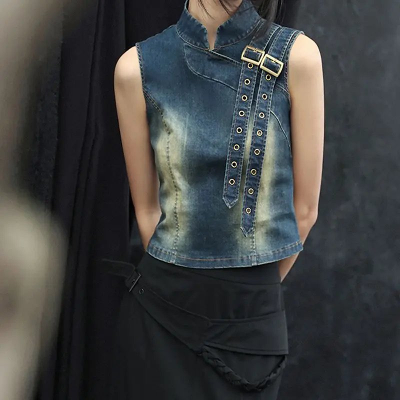 Fleepmart Women's Denim Top, New Retro Summer 2025, Stand-up Collar, Versatile Waist-cinching Short Vest T-shirt