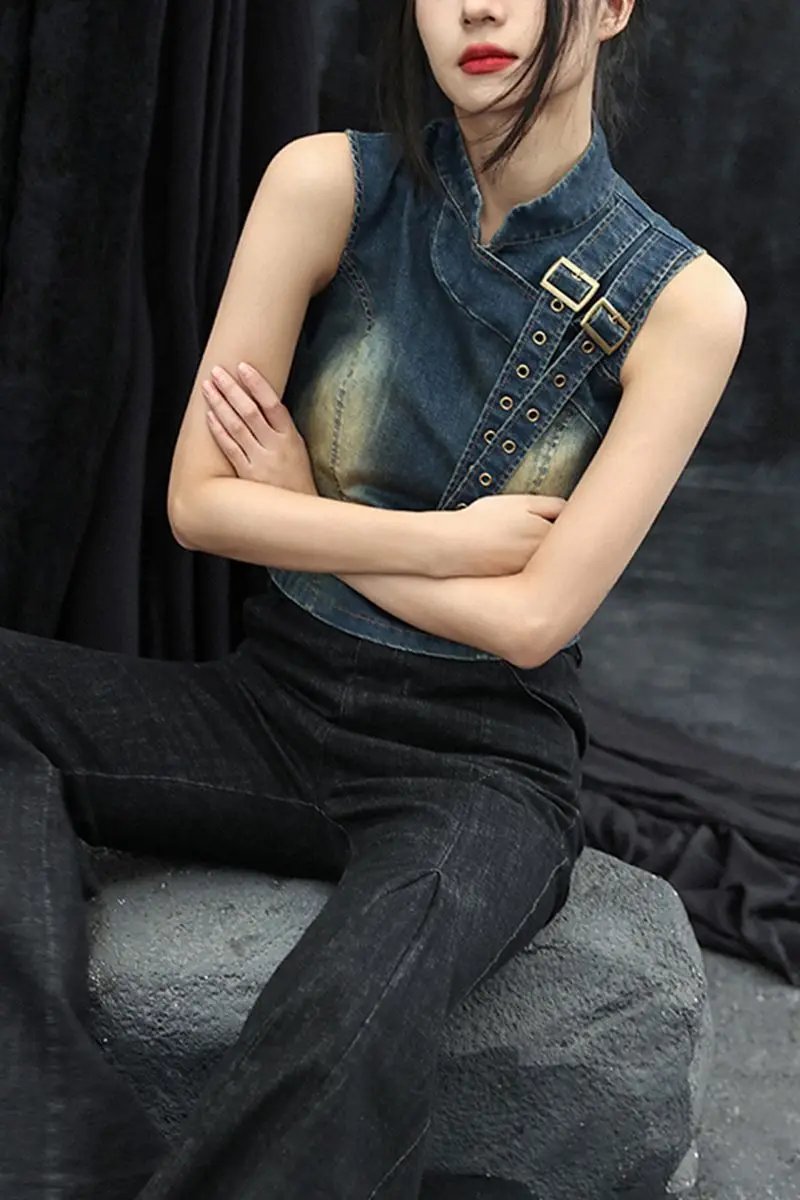 Fleepmart Women's Denim Top, New Retro Summer 2025, Stand-up Collar, Versatile Waist-cinching Short Vest T-shirt
