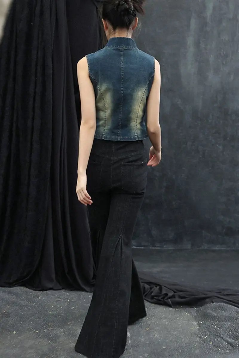 Fleepmart Women's Denim Top, New Retro Summer 2025, Stand-up Collar, Versatile Waist-cinching Short Vest T-shirt