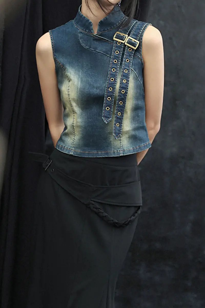 Fleepmart Women's Denim Top, New Retro Summer 2025, Stand-up Collar, Versatile Waist-cinching Short Vest T-shirt