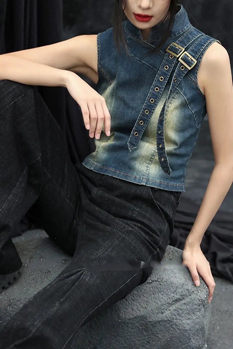 Fleepmart Women's Denim Top, New Retro Summer 2025, Stand-up Collar, Versatile Waist-cinching Short Vest T-shirt