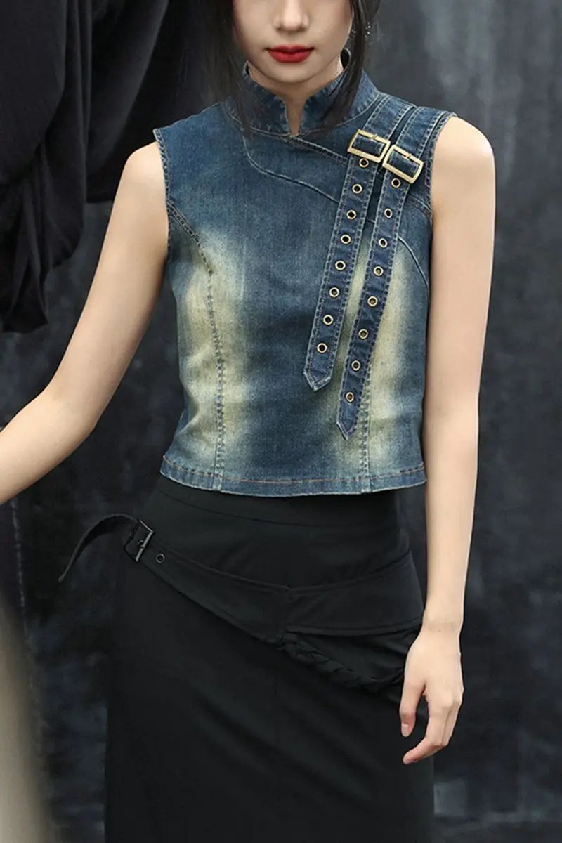 Fleepmart Women's Denim Top, New Retro Summer 2025, Stand-up Collar, Versatile Waist-cinching Short Vest T-shirt
