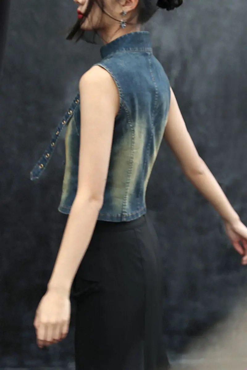 Fleepmart Women's Denim Top, New Retro Summer 2025, Stand-up Collar, Versatile Waist-cinching Short Vest T-shirt