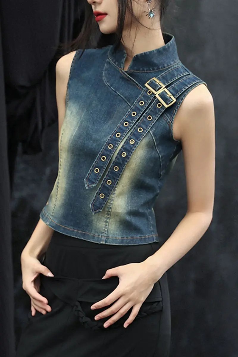 Fleepmart Women's Denim Top, New Retro Summer 2025, Stand-up Collar, Versatile Waist-cinching Short Vest T-shirt