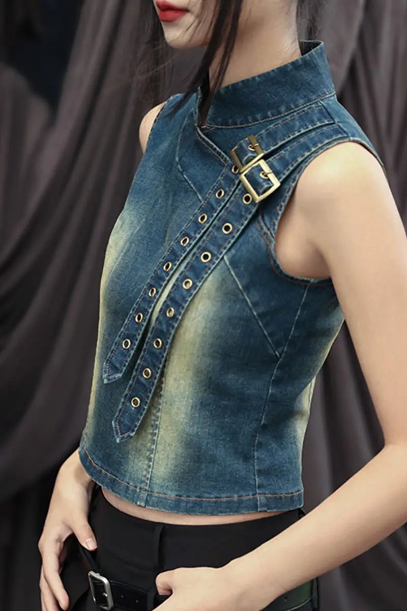 Fleepmart Women's Denim Top, New Retro Summer 2025, Stand-up Collar, Versatile Waist-cinching Short Vest T-shirt