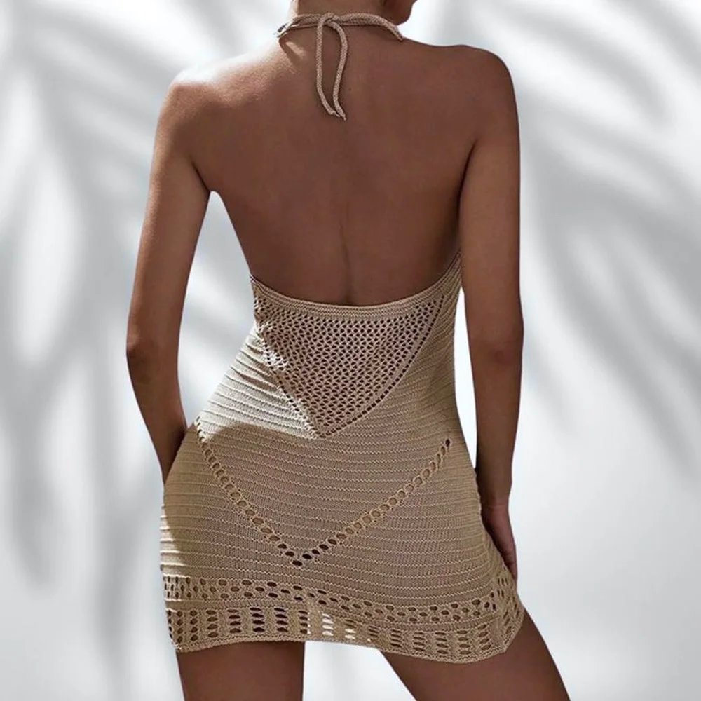 Women's Sexy Knitted Backless Tie-Up Beach Cover Up Dress – Hollow Out Vacation Mini Dress