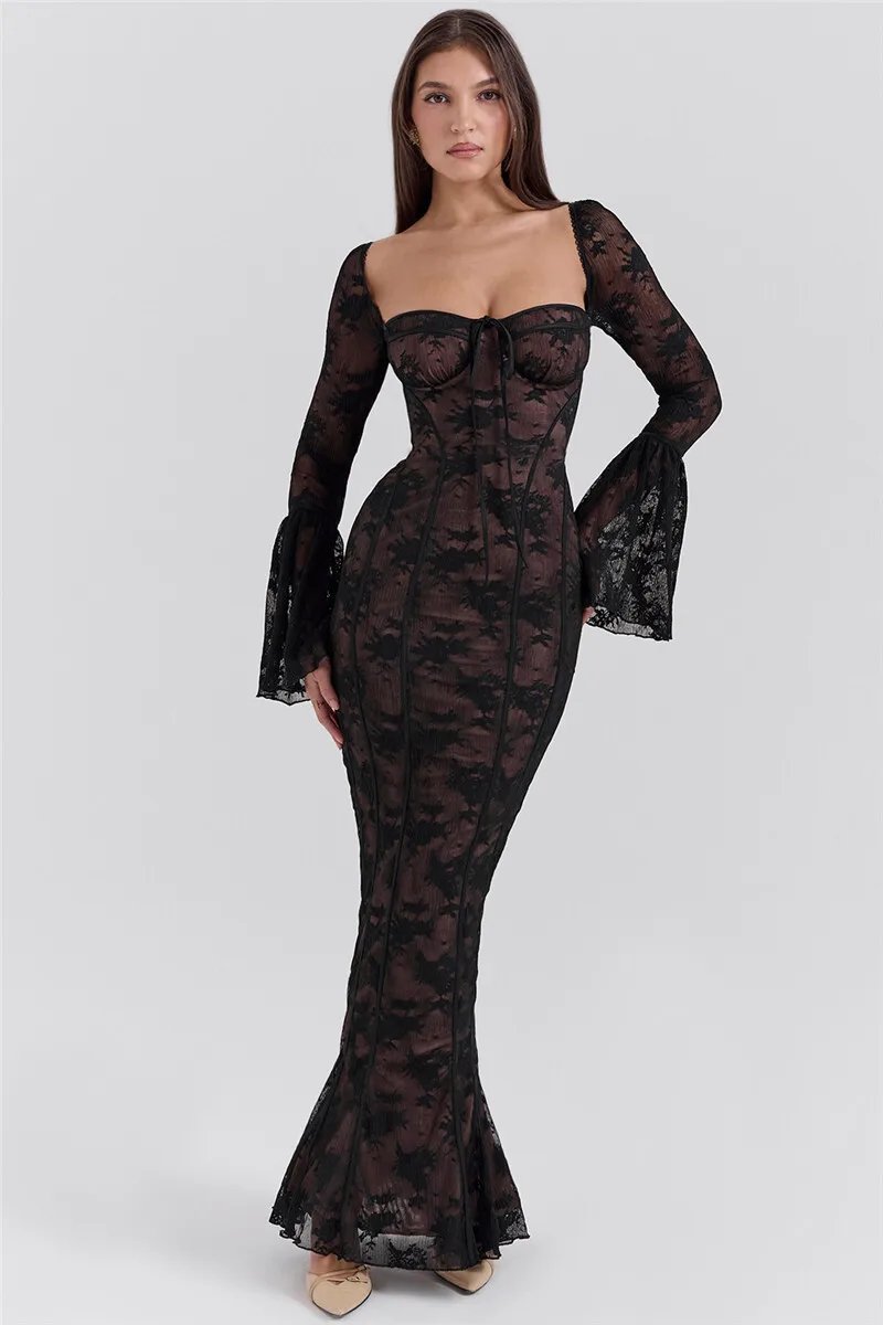 Fleepmart Lace Print Long Flare Sleeve Sexy Maxi Dress For Women Fashion Square Collar Backless Bodycon Club Party Sexy Dress Fleepmart Lace Print Long Flare Sleeve Sexy Maxi Dress For Women Fashion Square Collar Backless Bodycon Club Party Sexy Dress