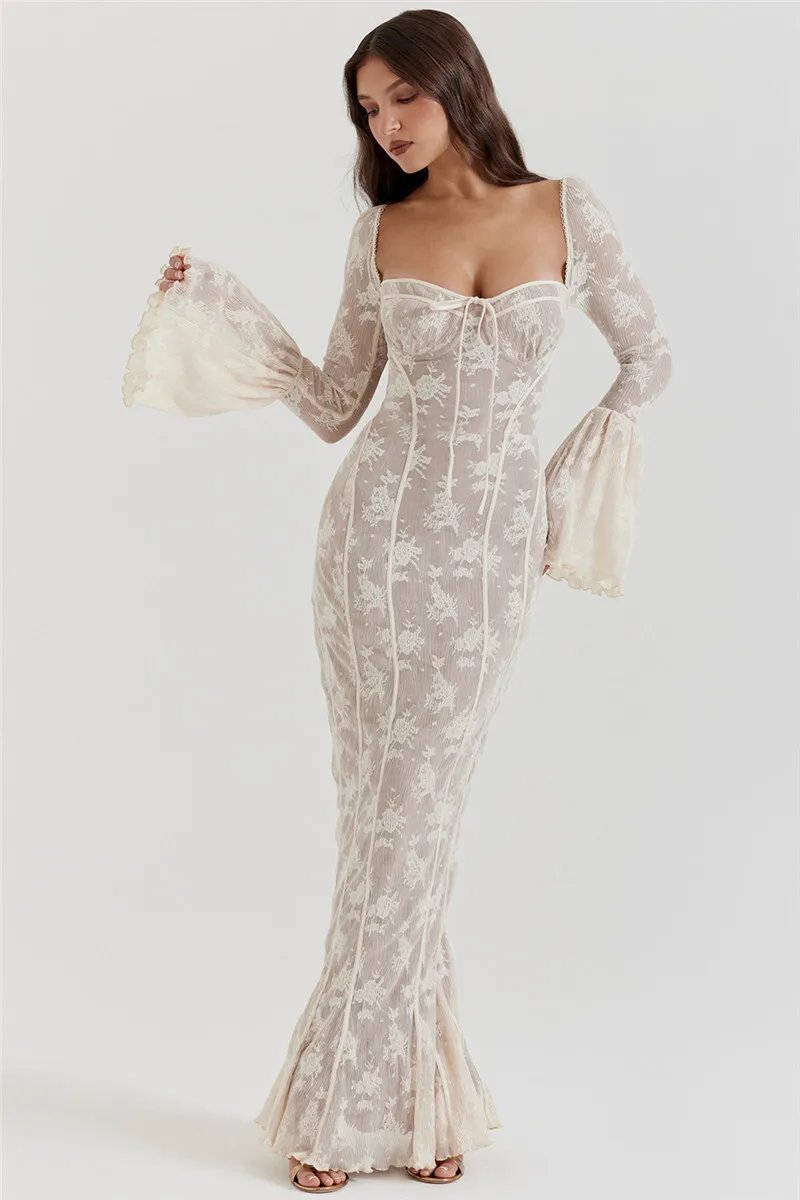 Fleepmart Lace Print Long Flare Sleeve Sexy Maxi Dress For Women Fashion Square Collar Backless Bodycon Club Party Sexy Dress Fleepmart Lace Print Long Flare Sleeve Sexy Maxi Dress For Women Fashion Square Collar Backless Bodycon Club Party Sexy Dress