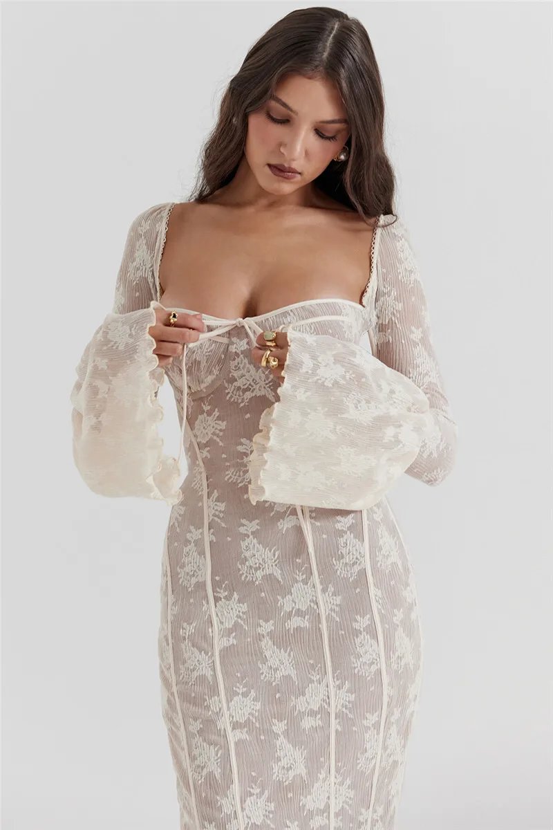 Fleepmart Lace Print Long Flare Sleeve Sexy Maxi Dress For Women Fashion Square Collar Backless Bodycon Club Party Sexy Dress Fleepmart Lace Print Long Flare Sleeve Sexy Maxi Dress For Women Fashion Square Collar Backless Bodycon Club Party Sexy Dress
